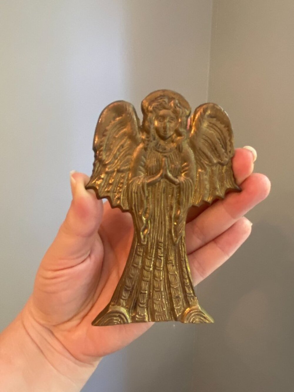 Vintage Solid Brass Angel Plate With Detailed Wings & Gown 5 Inches Tall
